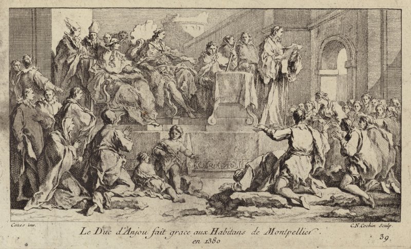 Louis I, Duke of Anjou, regent of King Charles VI of France, giving thanks to the people of Montpellier by Charles Nicolas II Cochin