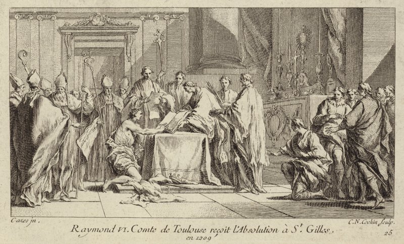 Raymond VI, Count of Toulouse, humbling himself at the Church of St Gilles in order to have his excommunication lifted by Charles Nicolas II Cochin