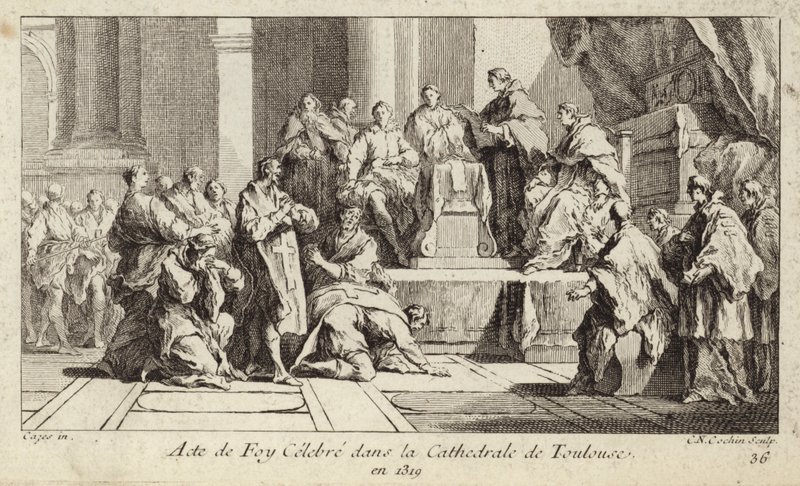 Repentant Cathars declaring their faith in the Catholic religion in Toulouse Cathedral, France by Charles Nicolas II Cochin