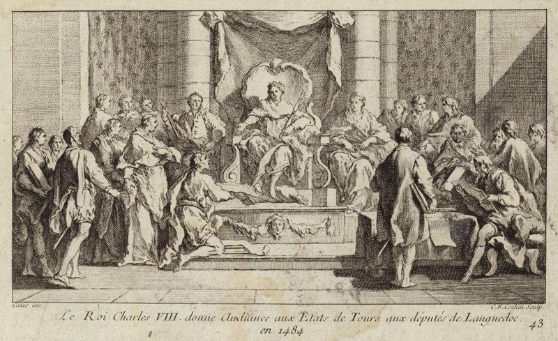 King Charles VIII of France giving a hearing to the deputies from Languedoc at the Estates General in Tours by Charles Nicolas II Cochin