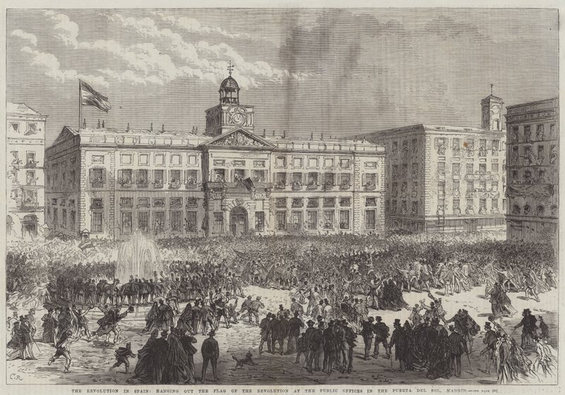 The Revolution in Spain, hanging out the Flag of the Revolution at the Public Offices in the Puerta del Sol, Madrid by Sir John Charles Robinson
