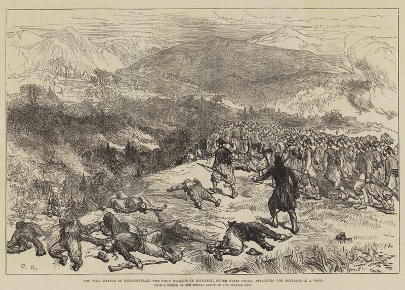 The War, Battle of Kniejesevacz, the First Brigade of Infantry, under Hafiz Pasha, attacking the Servians in a Wood by Sir John Charles Robinson