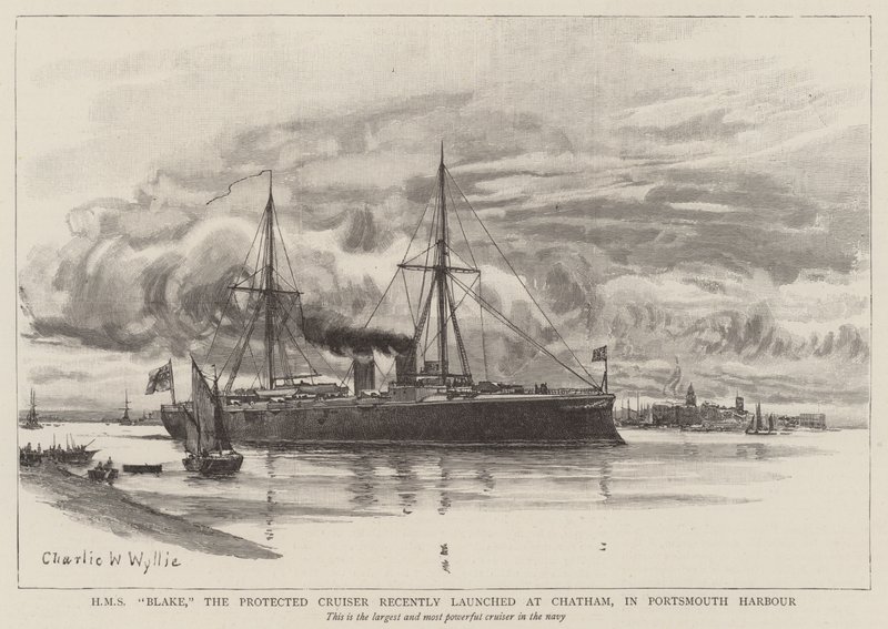 HMS Blake, the Protected Cruiser recently launched at Chatham, in Portsmouth Harbour by Charles William Wyllie