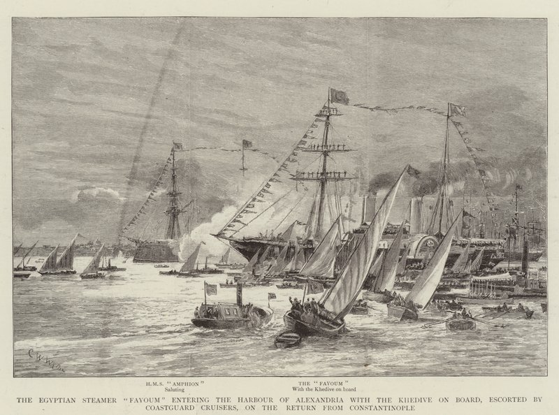 The Egyptian Steamer Fayoum entering the Harbour of Alexandria with the Khedive on Board, escorted by Coastguard Cruisers, on the Return from Constantinople by Charles William Wyllie
