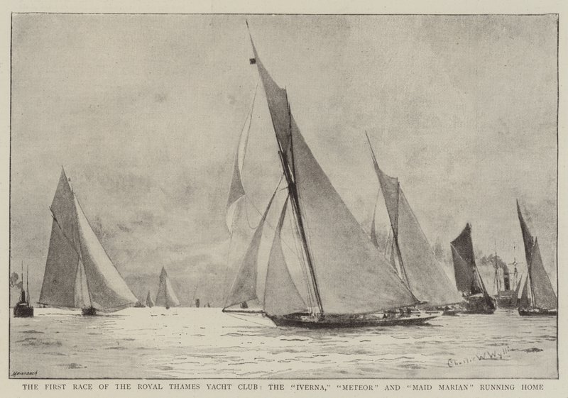The First Race of the Royal Thames Yacht Club, the Iverna, Meteor and Maid Marian running Home by Charles William Wyllie