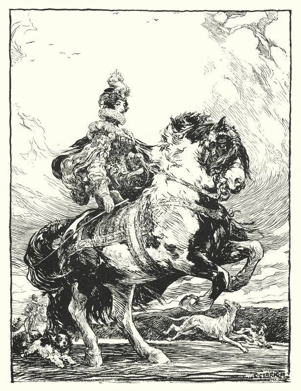 Woman in Tudor costume hunting on horseback by Christopher (after) Clark