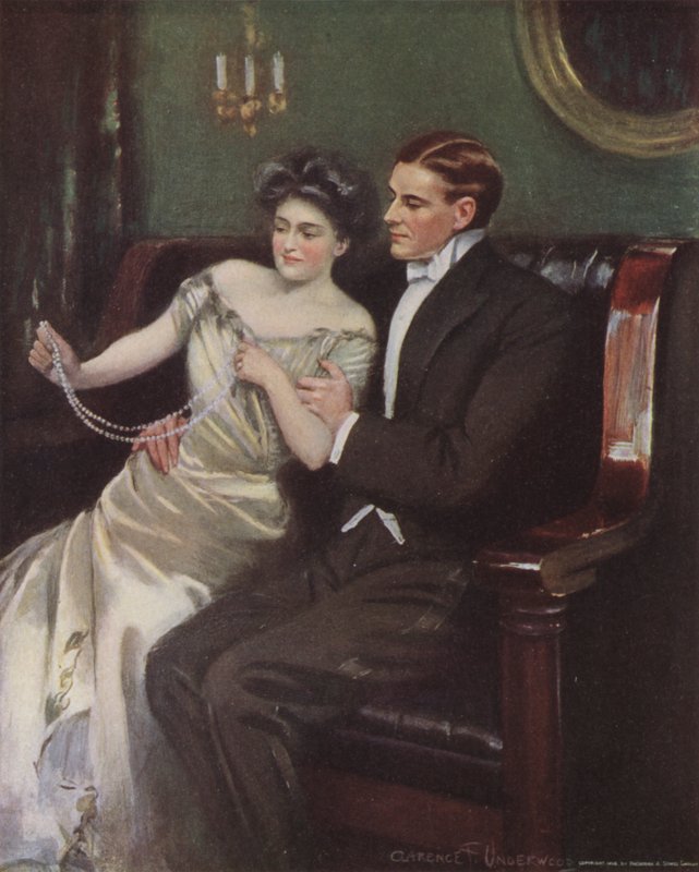 Woman receiving a pearl necklace as a gift by Clarence F. Underwood