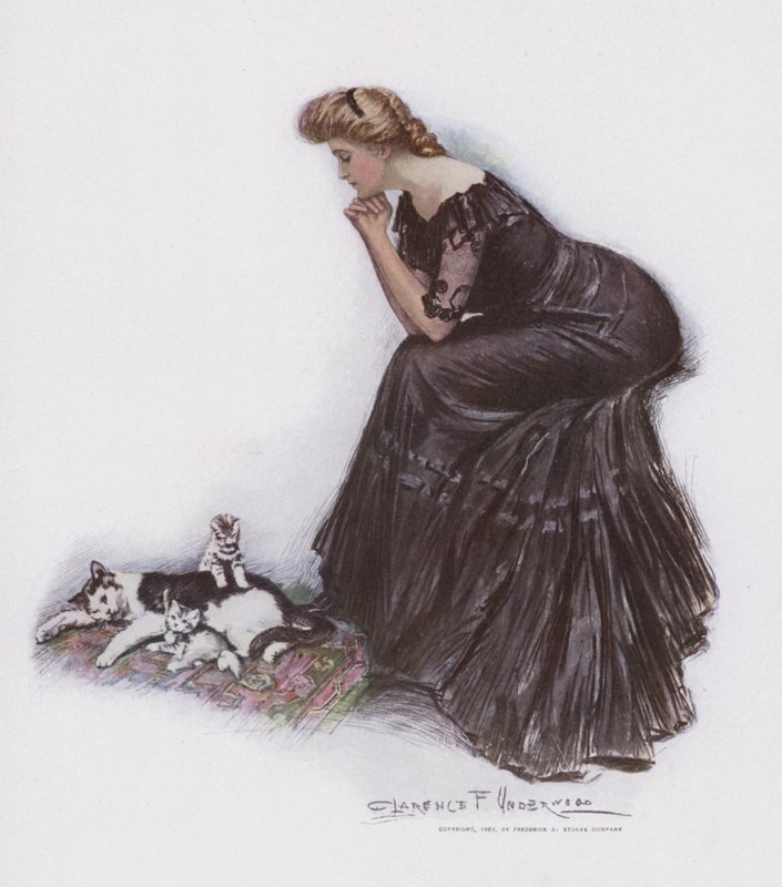 Woman Watching a Cat and Her Kittens by Clarence F. Underwood