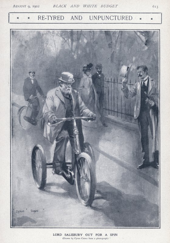 English Conservative politician and Prime Minister Lord Salisbury riding a tricycle by Cyrus Cuneo