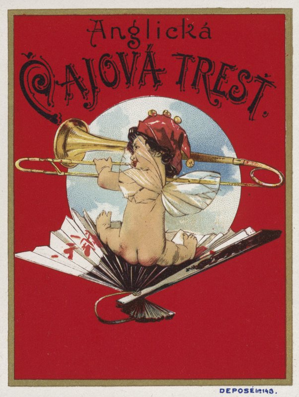 Product label depicting a cherub playing a trombone by Czech School