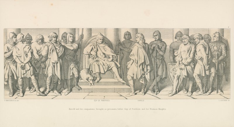 Harold and his Companions brought as Prisoners before Guy of Ponthieu and his Norman Knights by Daniel Maclise