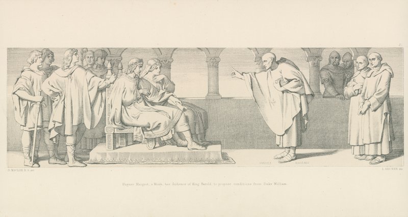 Hugues Maigrot, a Monk, has Audience of King Harold, to propose conditions from Duke William by Daniel Maclise