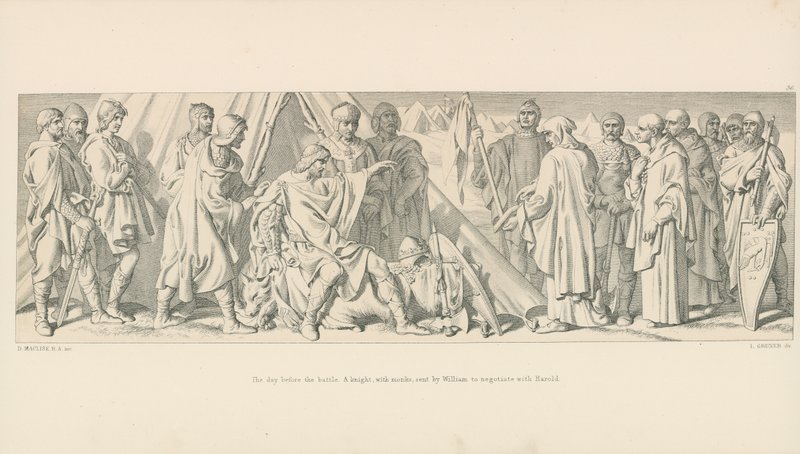 The day before the Battle. A knight, with monks, sent by William to negotiate with Harold by Daniel Maclise