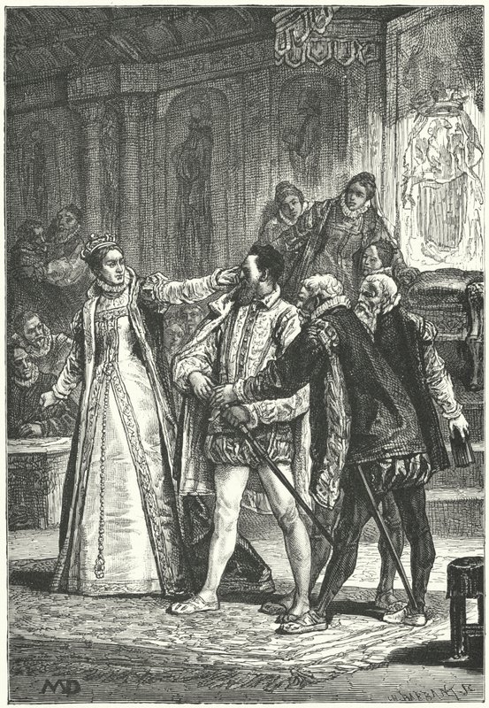 The Earl of Essex threatening to draw his sword after Queen Elizabeth I cuffed him around the ear for his insolence, 1598 by Diogene Ulysse Napoleon Maillart
