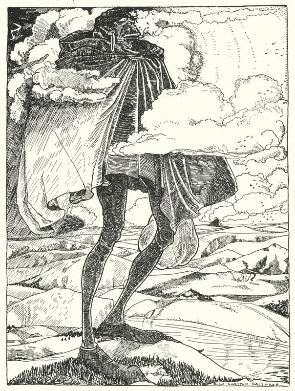 We saw the Giant stalk over the hill-tops, carrying his dinner in a bag by Dion Clayton Calthrop