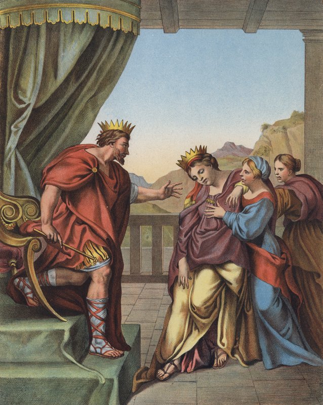 King Ahasuerus promising Esther he will grant anything she requests by Domenichino