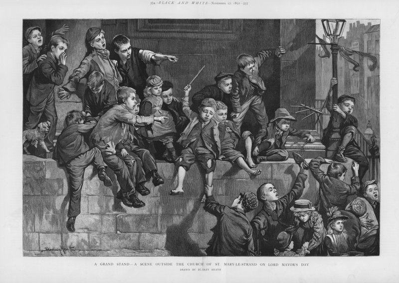 A grand stand - a scene outside the Church of St Mary-le-Strand, London, on Lord Mayor