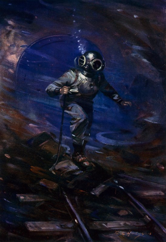 British diver Alexander Lambert on his way to close a watertight door to stop the flooding of the workings of the Severn Tunnel by E. S. (after) Hodgson