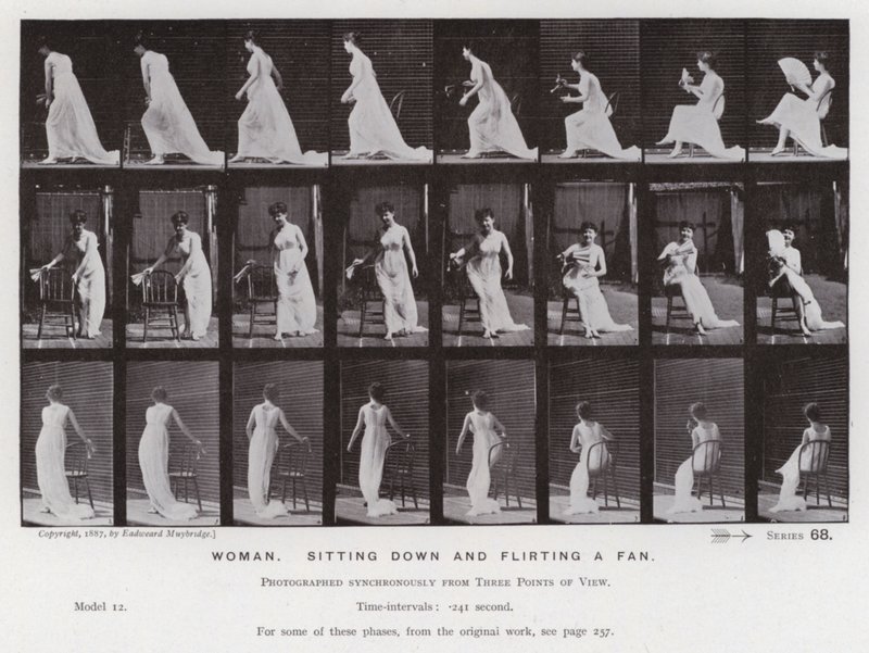 The Human Figure in Motion: Woman, sitting down and flirting a fan by Eadweard Muybridge