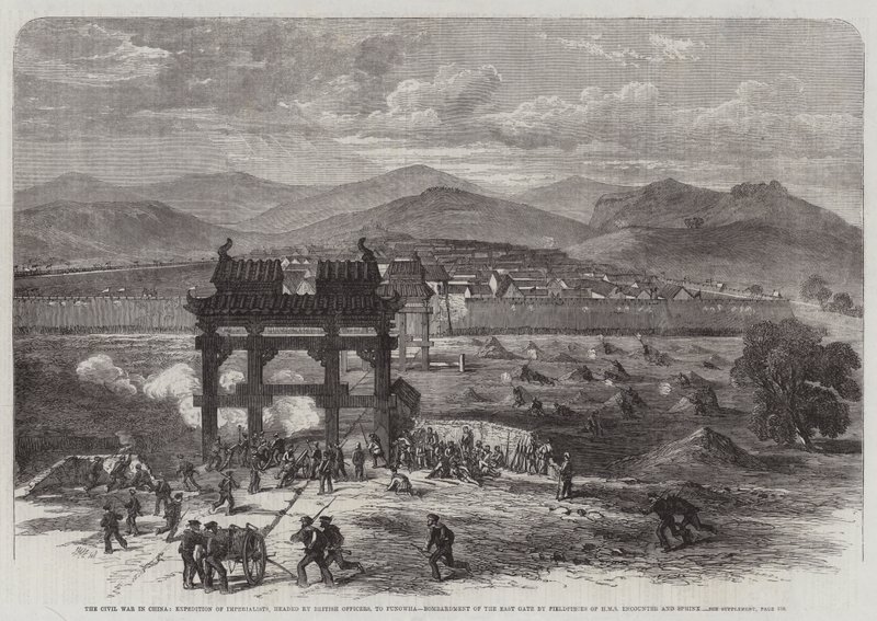 The Civil War in China, Expedition of Imperialists, Headed by British Officers, to Fungwha, Bombardment of the East Gate by Fieldpieces of HMS Encounter and Sphinx by Edmund Morison Wimperis