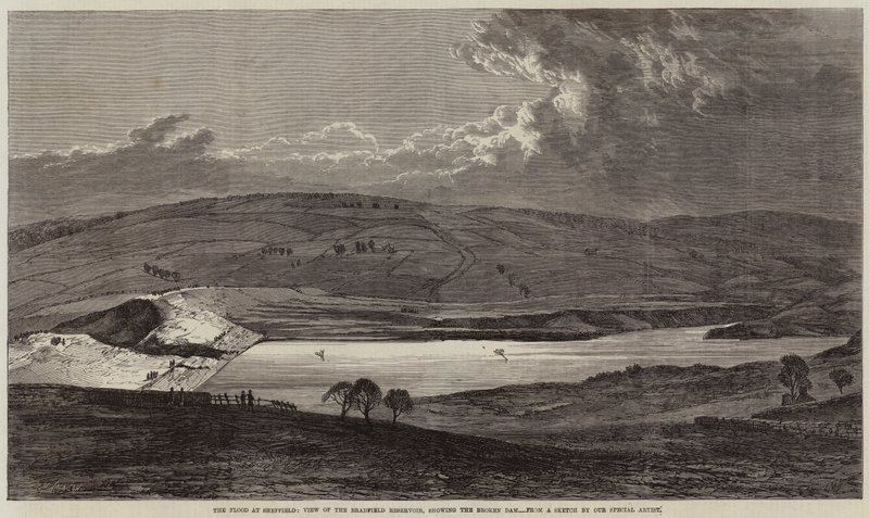 The Flood at Sheffield, View of the Bradfield Reservoir, showing the Broken Dam by Edmund Morison Wimperis