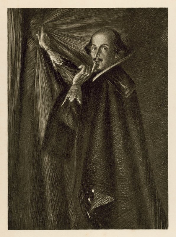 William Shakespeare holding the curtain, and telling us to be quiet by Edmund Joseph Sullivan