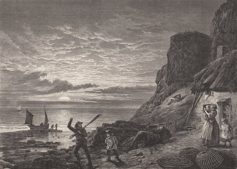 Fishermen father and son saying goodbye to their family by Edmund Morison (after) Wimperis