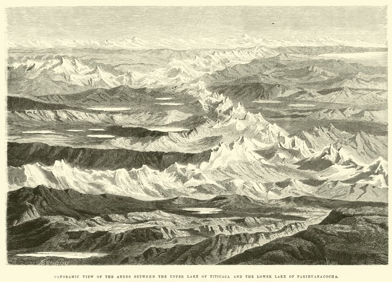 Panoramic View of the Andes between the Upper Lake of Titicaca and the Lower Lake of Parihuanacocha by Edouard Riou