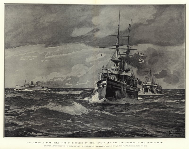 The Imperial Tour, H M S Ophir, escorted by H M S Juno and H M S St George, in the Indian Ocean by Eduardo de Martino