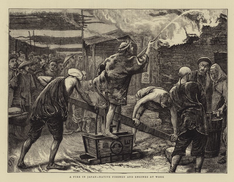A Fire in Japan, Native Firemen and Engines at Work by Edward Frederick Brewtnall