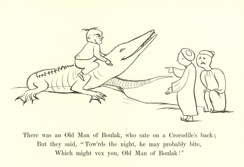 There was an Old Man of Boulak, who sat on a Crocodile