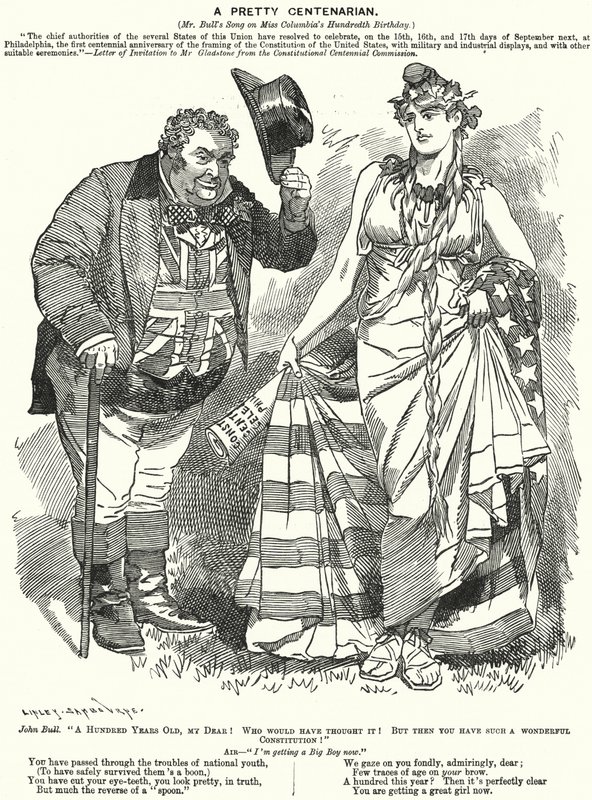 Punch Cartoon: A Pretty Centenarian - The Centenary of the Drafting of the United States Constitution by Edward Linley (after) Sambourne