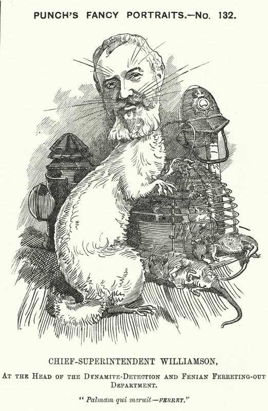 Punch cartoon: Adolphus Williamson, British police officer and first head of the Detective Branch of the Metropolitan Police by Edward Linley (after) Sambourne