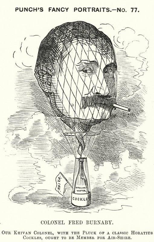 Punch cartoon: Frederick Burnaby, British Army intelligence officer and balloonist by Edward Linley (after) Sambourne