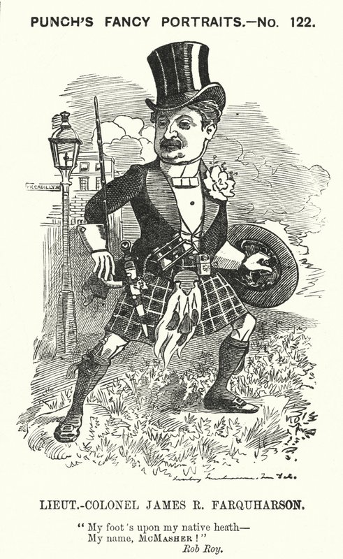 Punch cartoon: James Ross Farquharson, Scottish soldier by Edward Linley (after) Sambourne