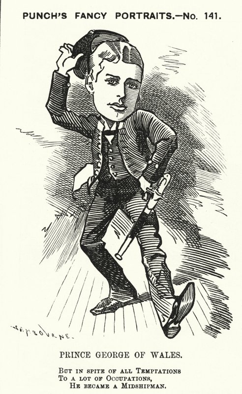 Punch cartoon: Prince George of Wales, the future King George V, as a midshipman in the Royal Navy by Edward Linley (after) Sambourne