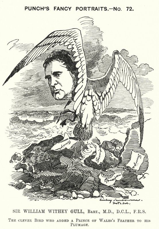 Punch cartoon: Sir William Withey Gull, English physician who treated the Prince of Wales for typhoid and became Physician-in-Ordinary to Queen Victoria by Edward Linley (after) Sambourne