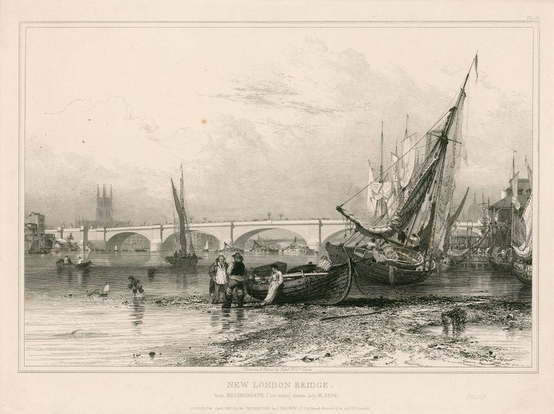 New London Bridge, from Billingsgate (low water) drawn 31 July 1832 by Edward William Cooke