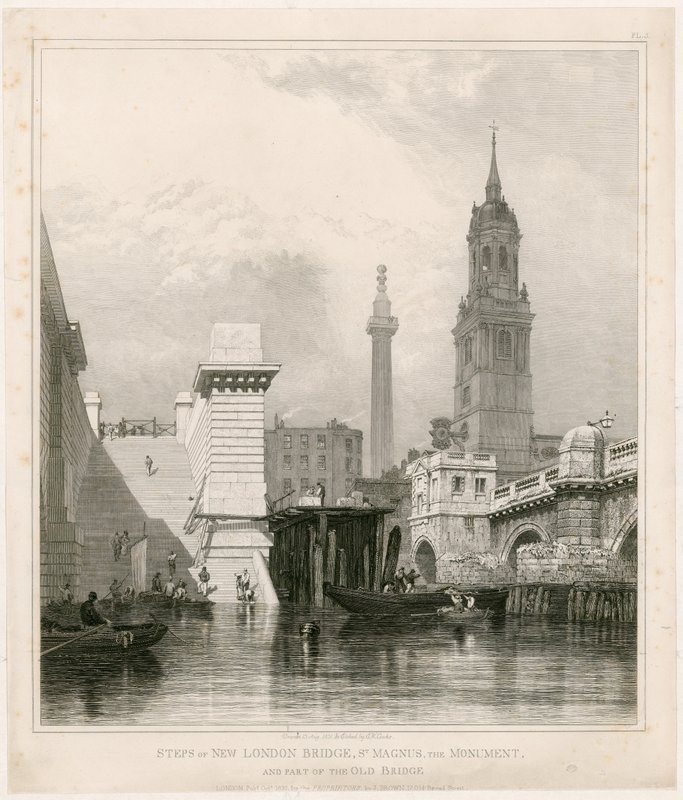 Steps of New London Bridge, St Magnus, the Monument and Part of the Old Bridge by Edward William Cooke