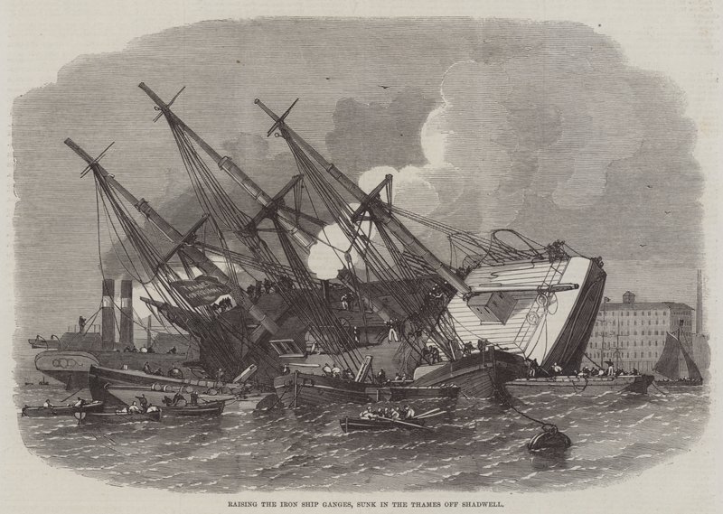 Raising the Iron Ship Ganges, sunk in the Thames off Shadwell by Edwin Weedon
