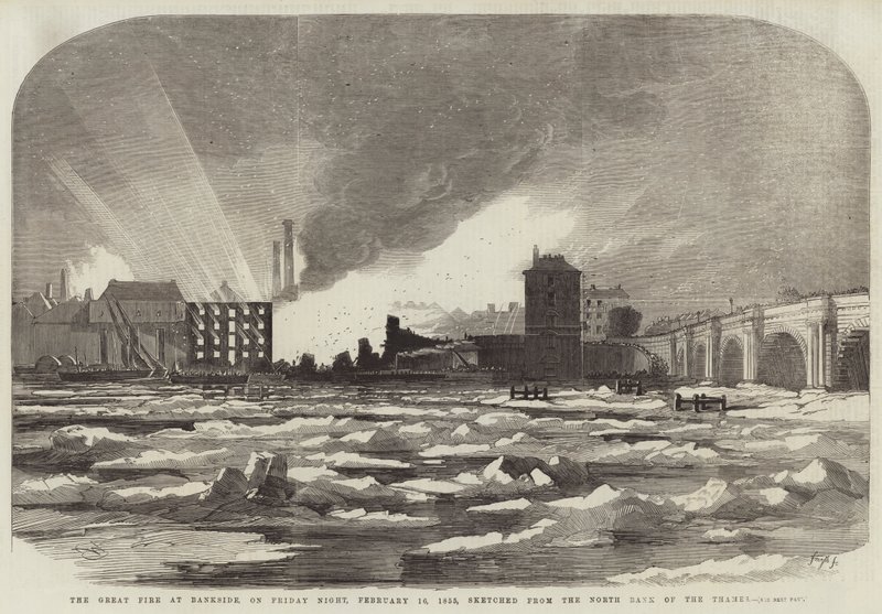 The Great Fire at Bankside, on Friday Night, 16 February 1855, Sketched from the North Bank of the Thames by Edwin Weedon