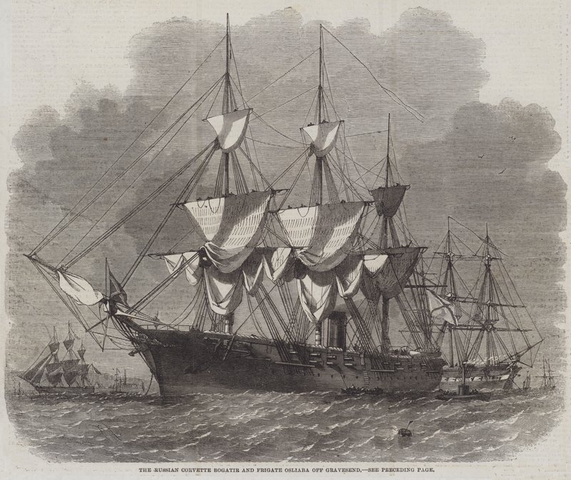 The Russian Corvette Bogatir and Frigate Osliaba off Gravesend by Edwin Weedon