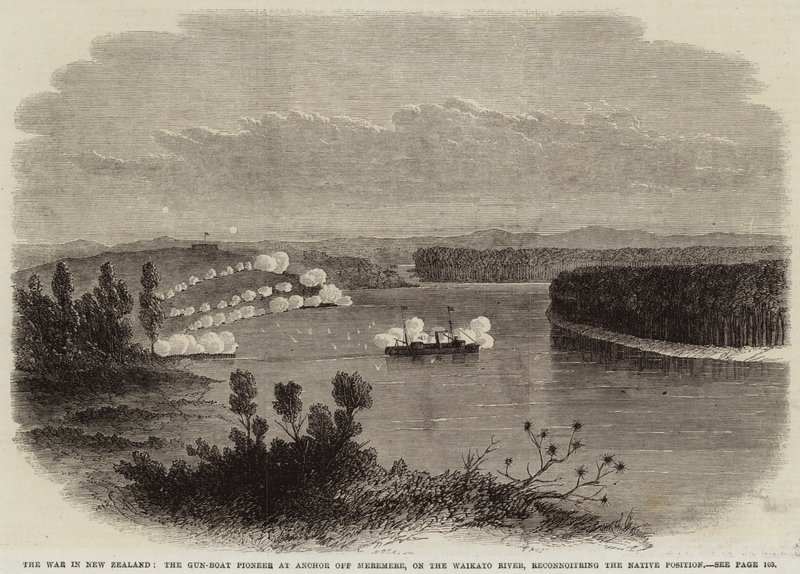 The War in New Zealand, the Gun-Boat Pioneer at Anchor off Meremere, on the Waikato River, reconnoitring the Native Position by Edwin Weedon