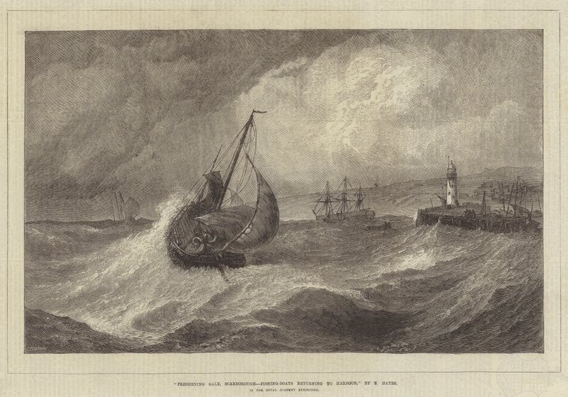 Freshening Gale, Scarborough, Fishing-Boats Returning to Harbour, in the Royal Academy Exhibition by Edwin Hayes