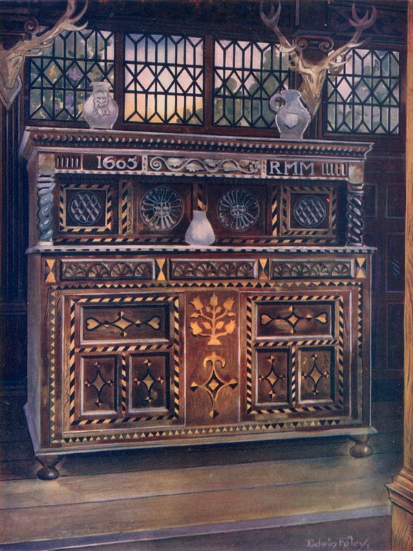 Carved and Inlaid Oak Court Cupboard by Edwin John Foley