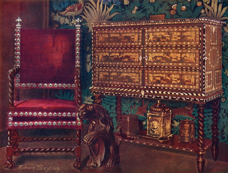 Group of Late Sixteenth-Century Continental Furniture: Portuguese Cabinet of Chestnut, Inlaid with Ivory, Ebony, and Coloured Woods, Spiral Turned Arm-Chair by Edwin John Foley