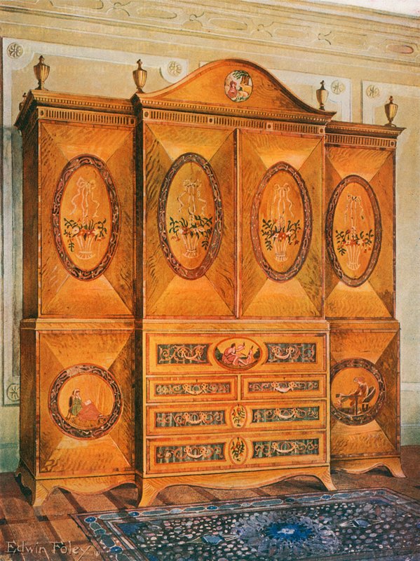 Satinwood Wardrobe, Inlaid with Tulipwood, Harewood, Holly, Ebony, Mahogany, and Other Woods by Edwin John Foley