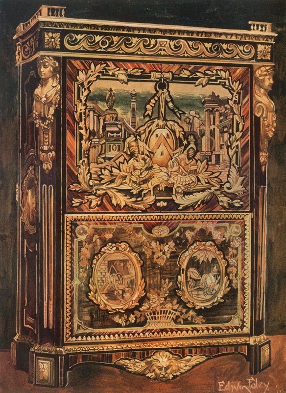 Upright Secretaire Inlaid in Various Woods, with Cast, Chased, and Gilt Bronze Mounts by Edwin John Foley