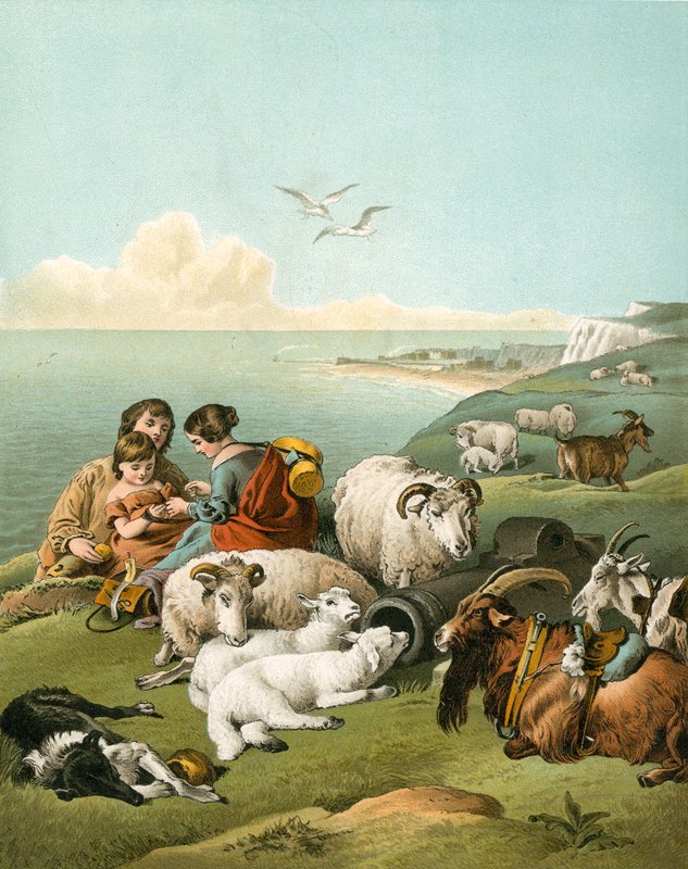 Children playing with sheep and goats on white cliffs by Edwin Landseer