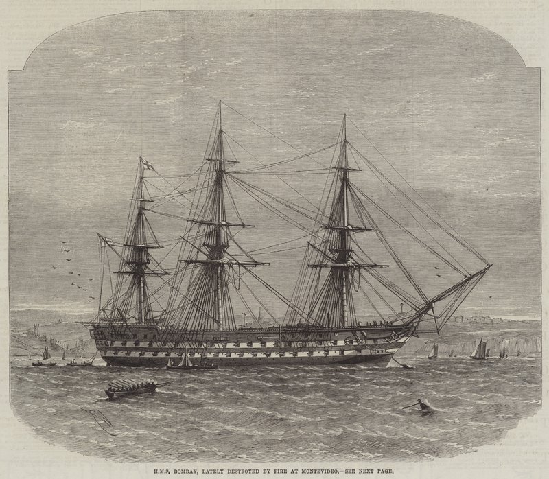 HMS Bombay, lately destroyed by Fire at Montevideo by Edwin Weedon